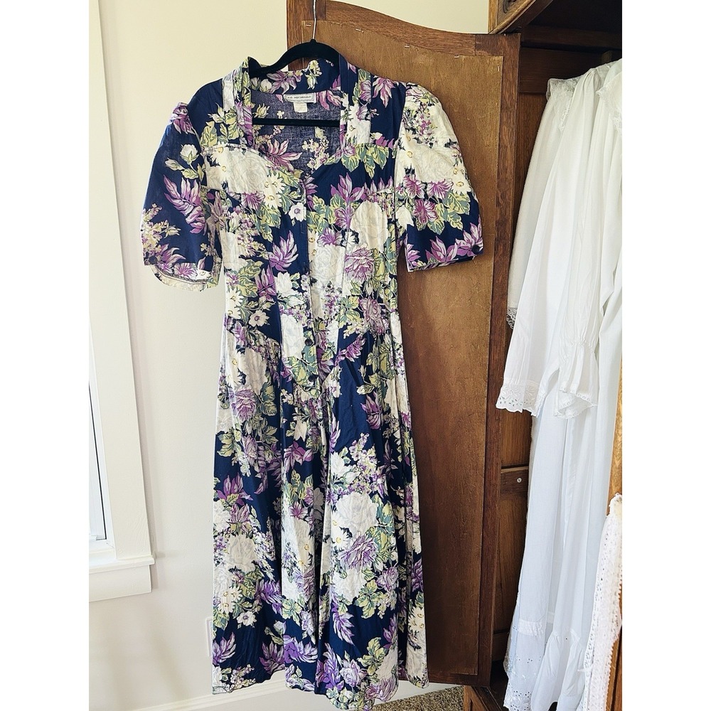 E.D. Michaels Floral Midi Dress Cottagecore Button Front Short‎ Sleeve Size 9 10